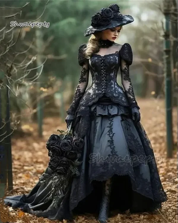 Gothic Wedding Dresses: Black Lace High-Low A-Line Long Sleeves