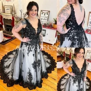 Gothic V-neck Black White Embroidered A-line Wedding Dress Couture