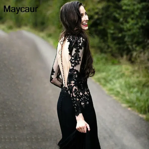 Gothic Black Mermaid Wedding Dress Lace Illusion Long Sleeves - Image 4
