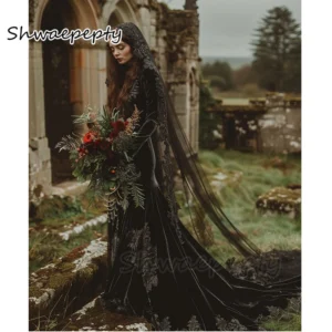 Black Velvet Gothic Wedding Dress Lace Mermaid Long Sleeves