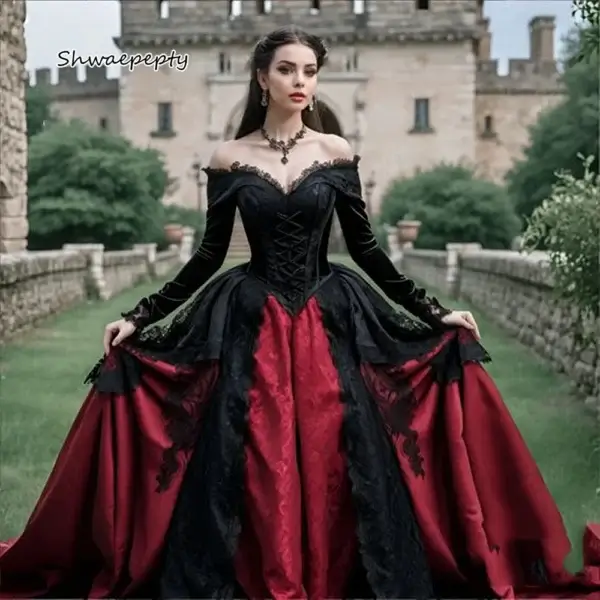 Gothic Wedding Dresses: Black Burgundy Corset A-Line Bridal Gowns