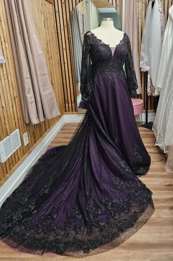 Gothic Wedding Dresses: Black & Purple Lace Corset Plus Size Gown