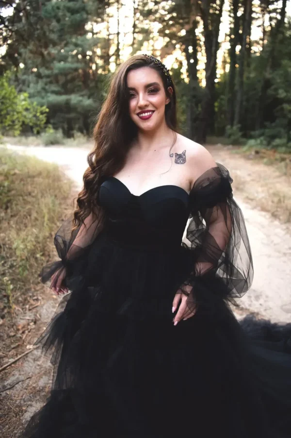 Vintage Black Gothic Wedding Dress Off Shoulder Long Sleeves Gown - Image 2