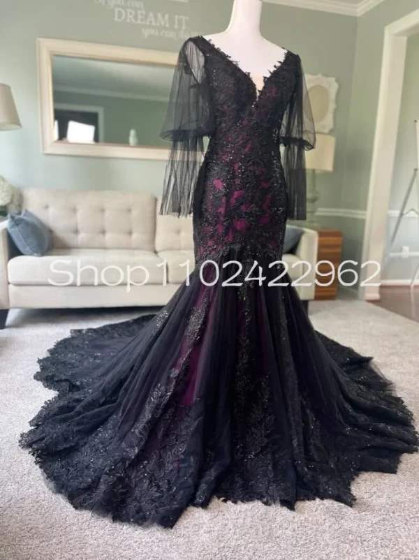 Gothic Wedding Dresses: Black and Purple Lace Applique Bridal Gown