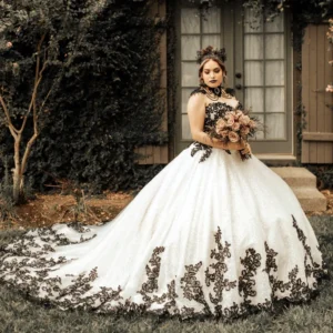Vintage Black White Ball Gown Sequin Sleeveless Gothic Bridal Dress