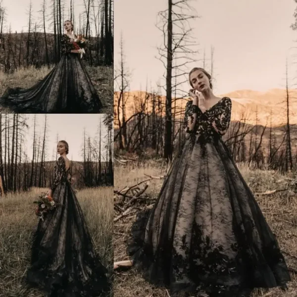 Gothic Wedding Dresses: Black A-Line Long Sleeve V-Neck Gown