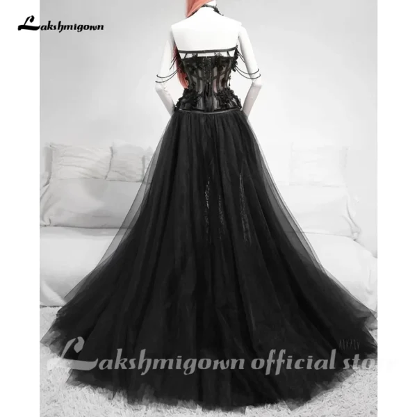 Gothic Black Long Wedding Dress Sexy Tulle Plus Size Gown Customized - Image 2
