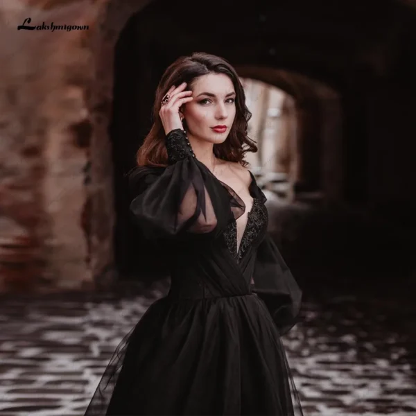 Gothic Wedding Dresses: Black Puffy Long Sleeve Beaded Bridal Gown - Image 2