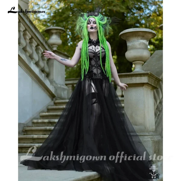 Gothic Black Long Wedding Dress Sexy Tulle Plus Size Gown Customized - Image 4
