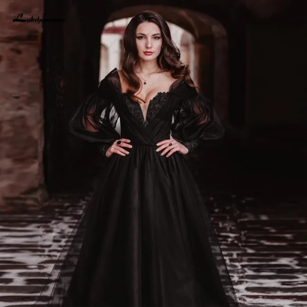 Gothic Wedding Dresses: Black Puffy Long Sleeve Beaded Bridal Gown